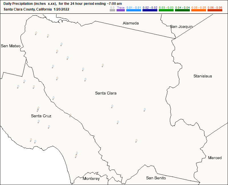 CoCoRaHS Santa Clara County map for today