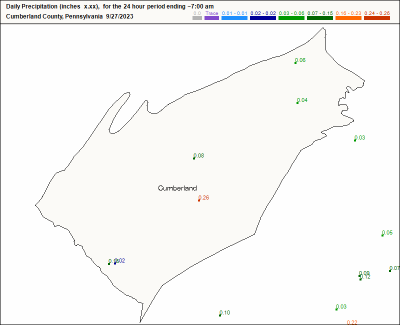 CoCoRaHS Cumberland county map for today