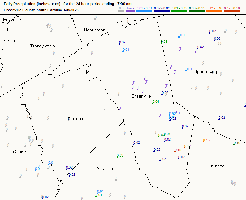CoCoRaHS Greenville County map for today