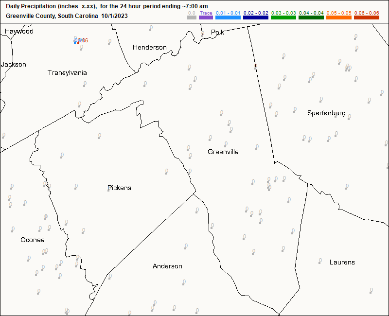CoCoRaHS Greenville County map for today