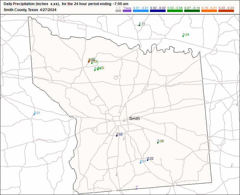 CoCoRaHS Smith county map for today