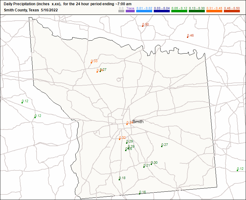 CoCoRaHS Smith county map for today