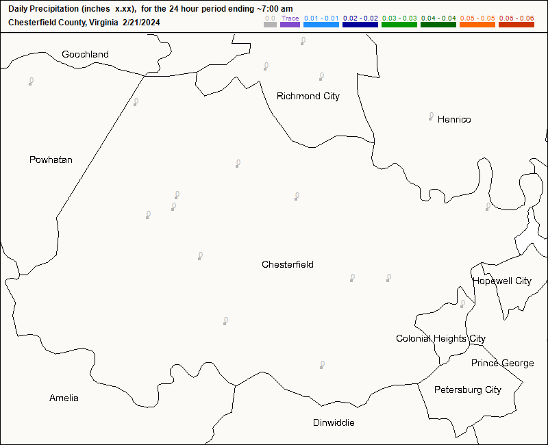 CoCoRaHS Chesterfield county map for today